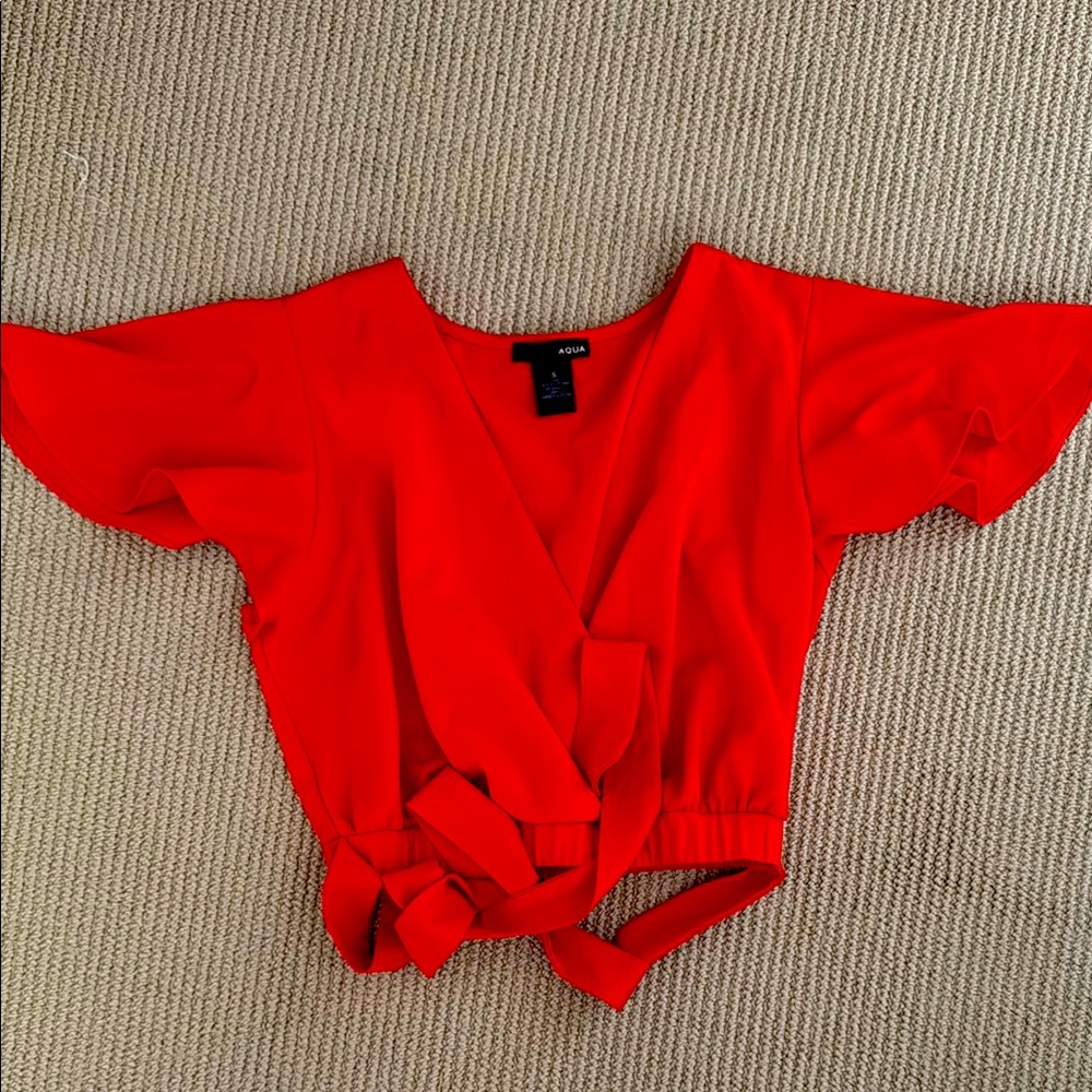 Aqua Red Flutter Sleeve Tie Front Blouse